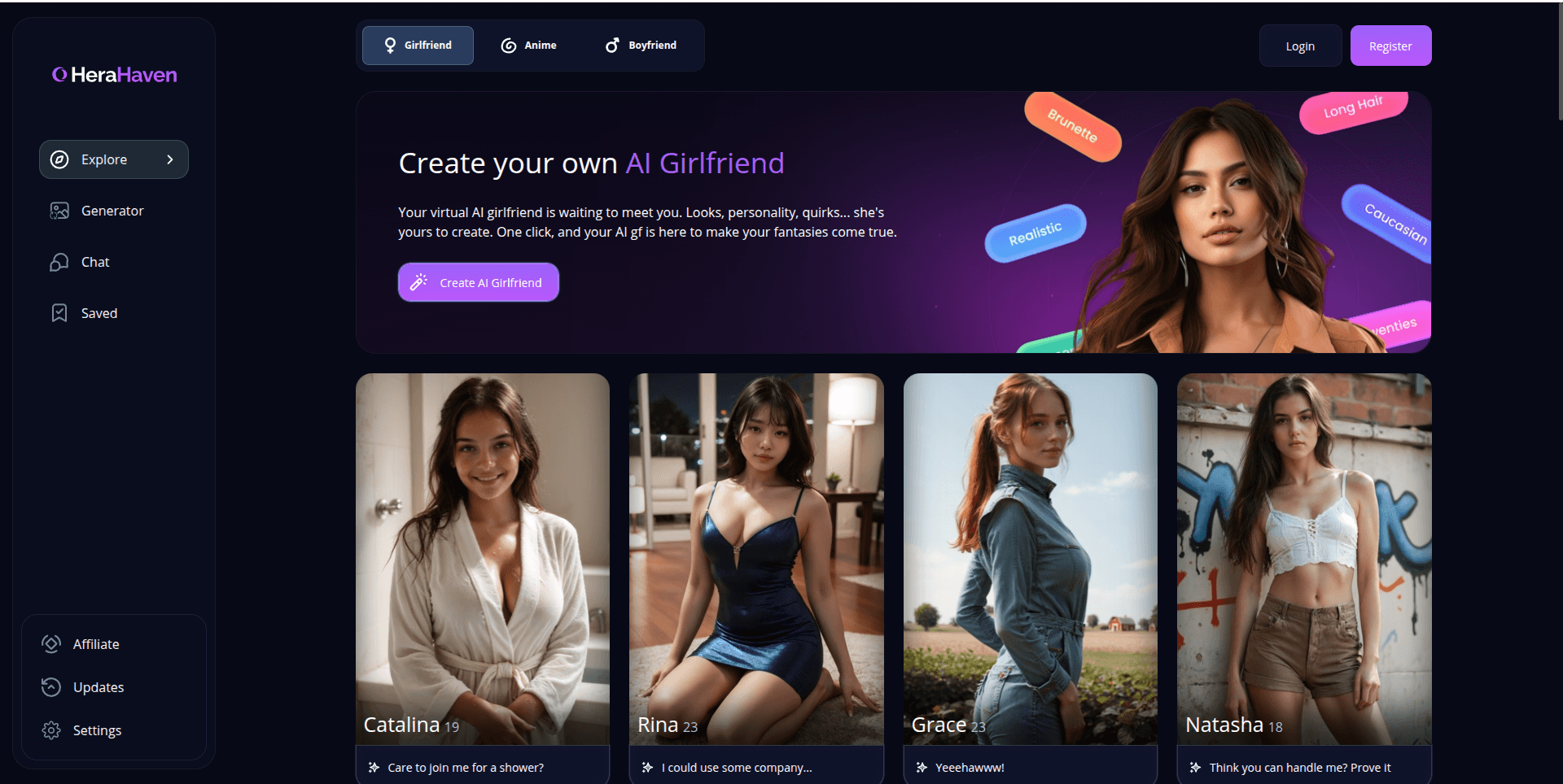 HeraHaven platform interface showing companion chat