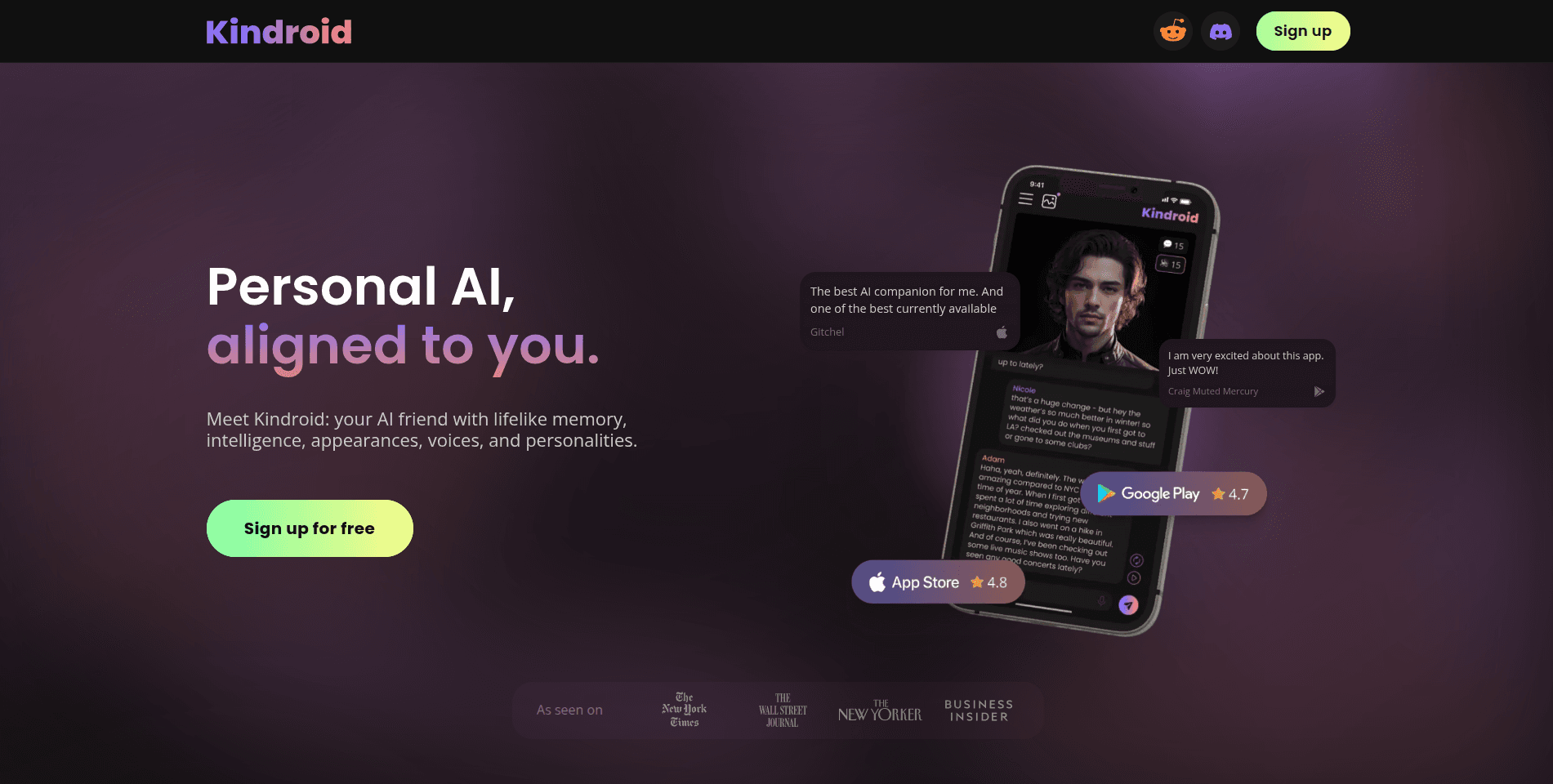 Kindroid AI companion app interface showing chat and personality setup