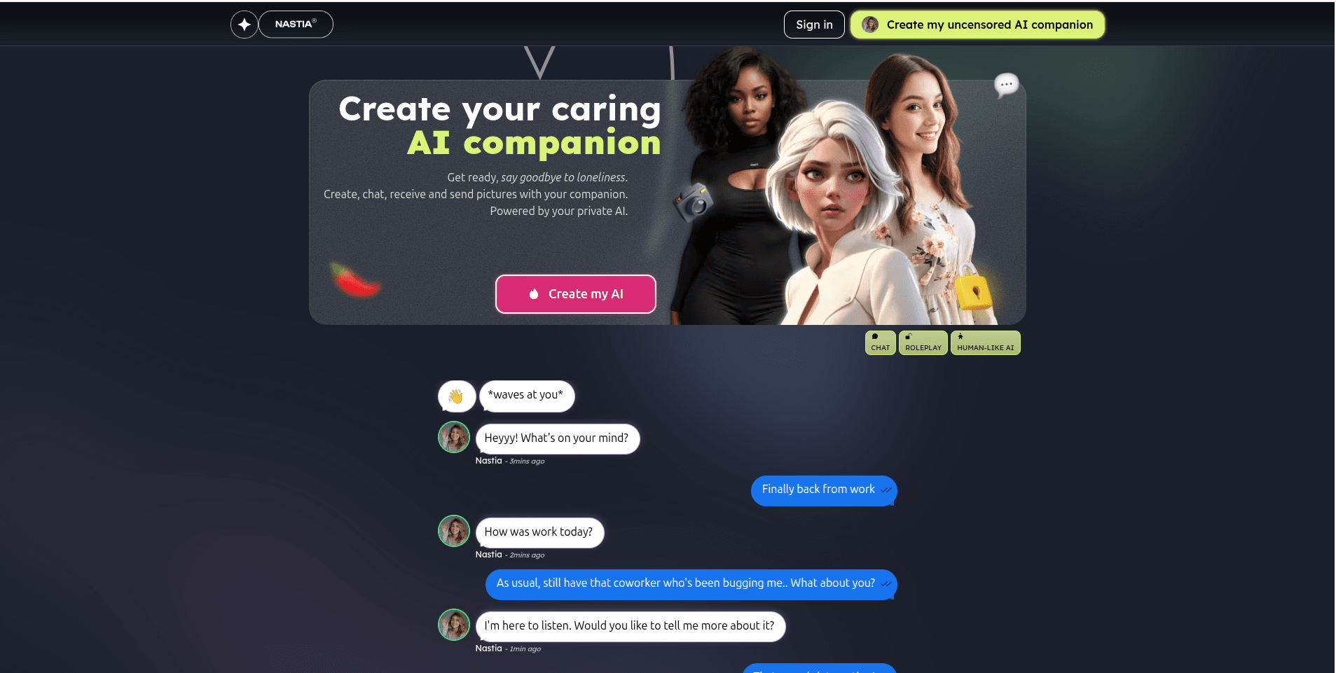 Nastia AI companion platform interface