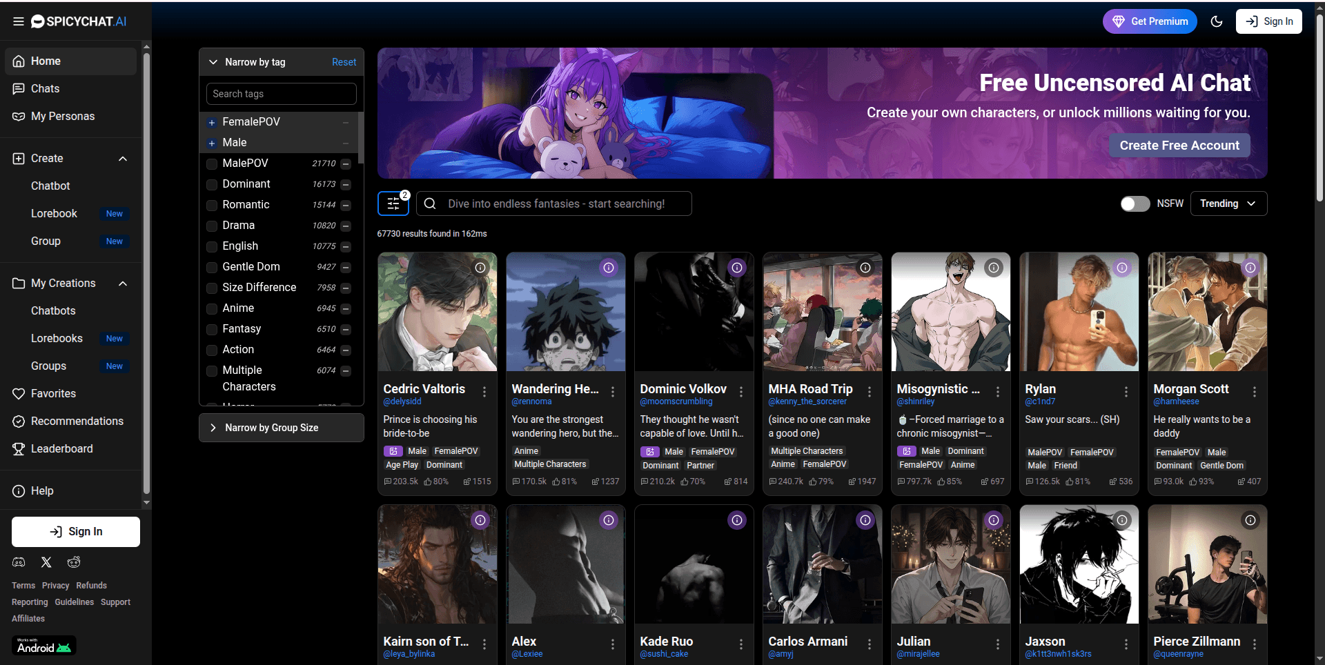 SpicyChat AI roleplay platform interface