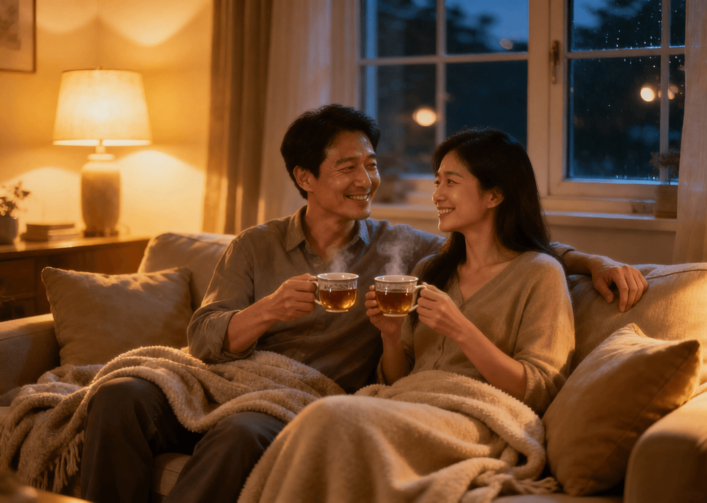 Cozy evening AI companion chat – relaxed at home