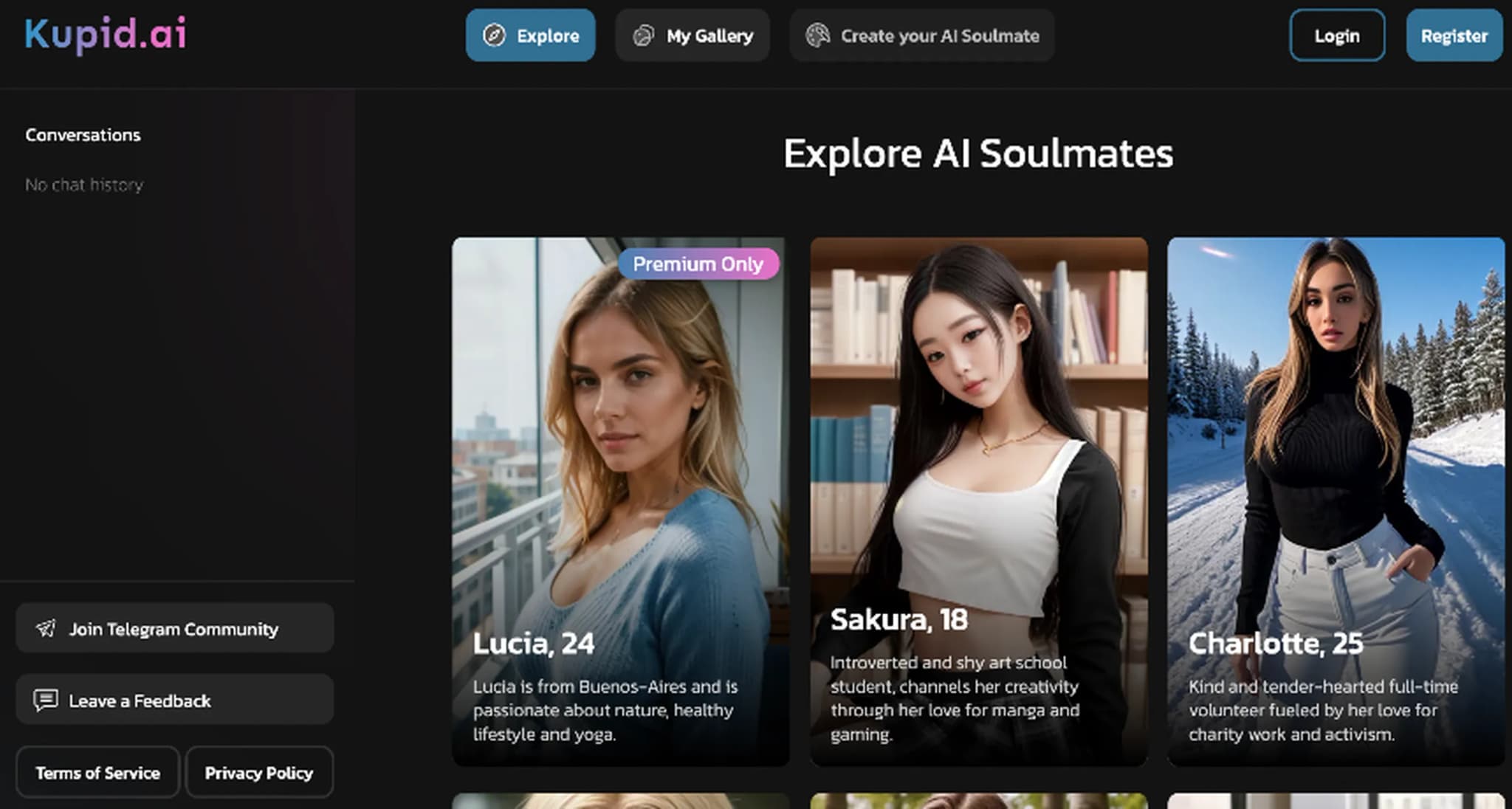 Kupid AI companion platform interface